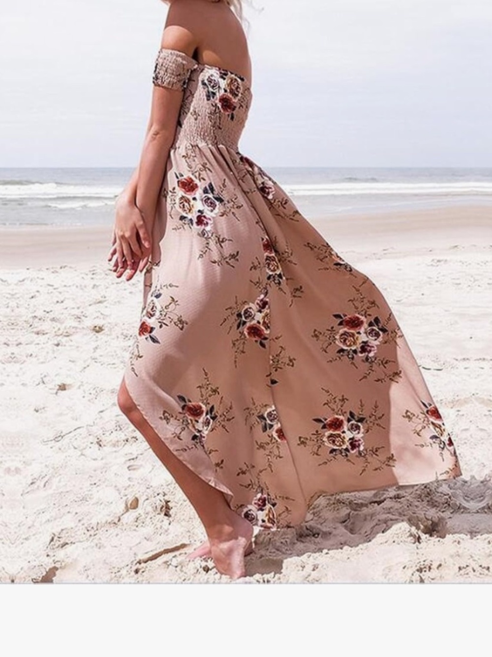 Boho Off-Shoulder Floral Maxi Dress in Taupe